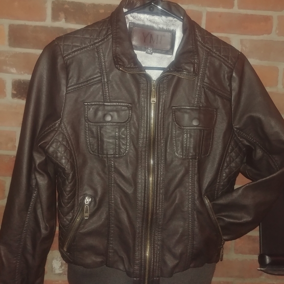 Faux leather Brown moto jacket with plush material inside - Picture 9 of 9
